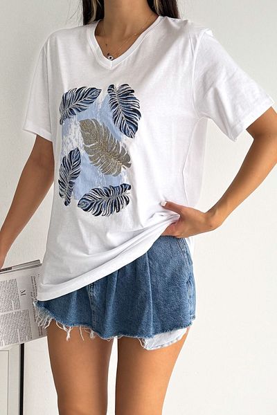 FEMELLE Tricou alb pentru damă, cu decolteu în V, cu paiete, 100% bumbac