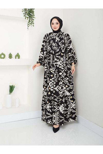 MODAMERSİ Black Stone Patterned Viscose Women's Dress