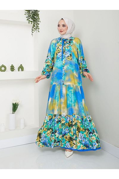 MODAMERSİ Viscose Women's Dress - Blue Yellow Patterned