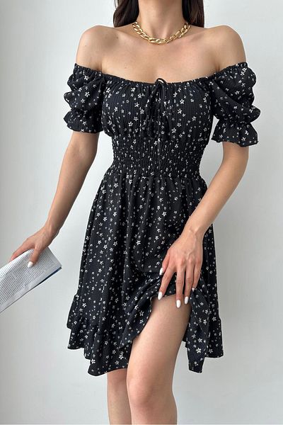 MILANOFOX Rochie cu mânecă cu balon, cu umăr deschis, cu imprimeu floral - Wrap cu guler pătrat