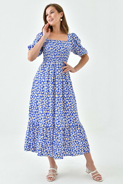 vuvutasarım Синя сукня з бавовняного віскозу з довгими рукавами та коротким подолом - з ромашковим візерунком 039