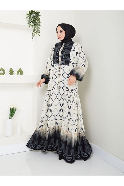 MODAMERSİ Viscose Fabric - Ecru Black Patterned Women's Dress