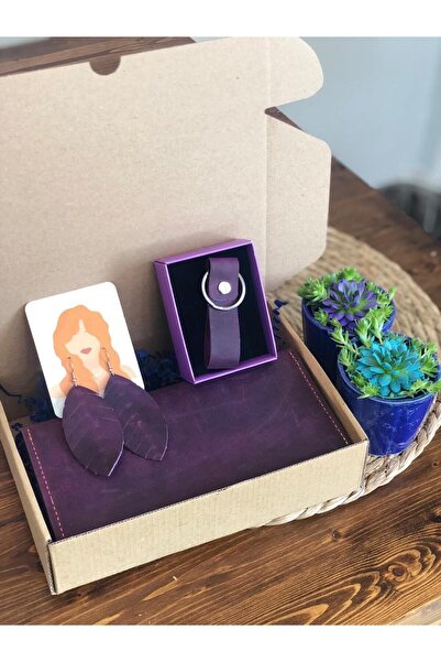 overcraft Shop Hakiki Deri Kadın El Yapımı Cüzdan Anahtarlık Ve Küpe Seti Kişiselleştirilebilir