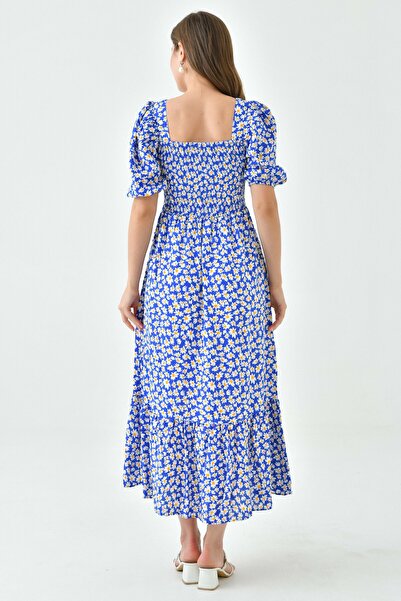 vuvutasarım Синя сукня з бавовняного віскозу з довгими рукавами та коротким подолом - з ромашковим візерунком 039