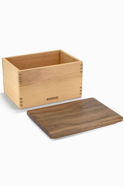 Woodsaka Compatible Storage Box for Kitchen 3 - Hornbeam and Walnut Wood 13.8cm x 9.8cm x 9cm