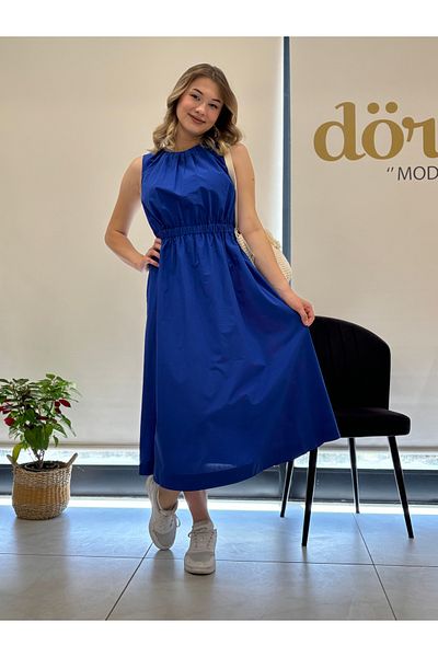 AYHAN Καλοκαιρινό μίντι φόρεμα με στρογγυλή λαιμόκοψη και λεπτομέρεια από καουτσούκ στη μέση - Αμάνικο