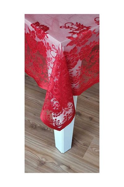 WENESSİ Rose Patterned Red Knitted Tulle Tablecloth - 140x180