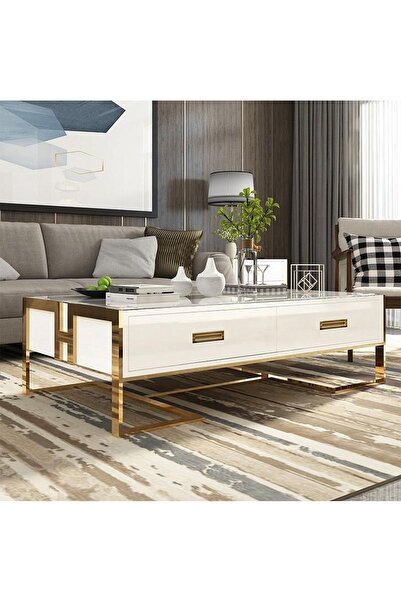 Hitit Dekorasyon Barbara Gold Metal Beyaz Orta Sehpa