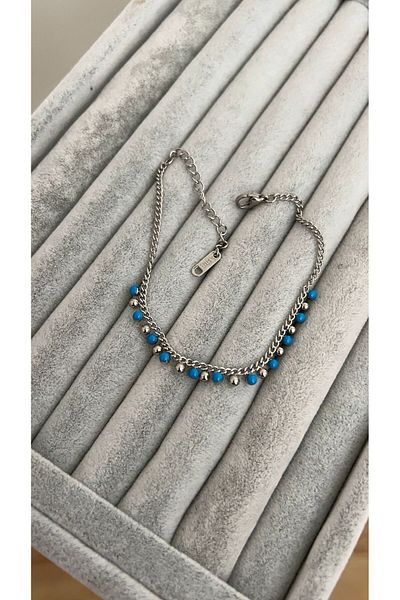 SU PERİSİ TAKI BİJUTERİ Steel Silver Blue Beaded Anklet