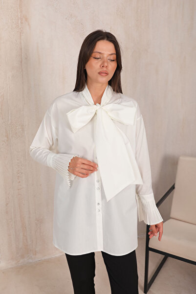 Melike Tatar Pleated ECRU Shirt - Sleeve Detail, Model 32-2092