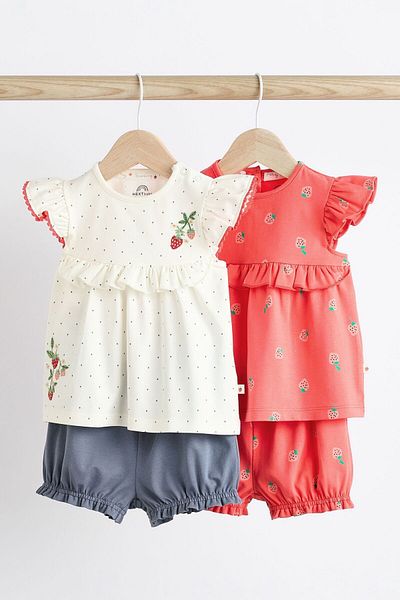 Next Baby White Red Strawberry Patterned 100% Cotton Short Sleeve Shorts Set - Set of 2