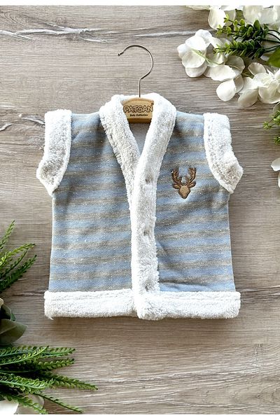 PATSAN Wellsoft Winter Baby Vest with Plush Inside and Deer Embroidery Blue Stripes