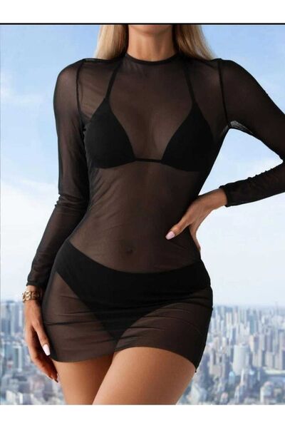 charango Kadın Likralı Tül Pareo Süper Mini Bodycon Siyah Elbise