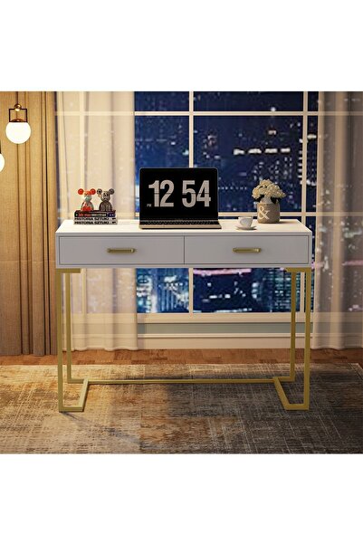 Hitit Dekorasyon Vivian Gold Metal Beyaz Çalışma Masası