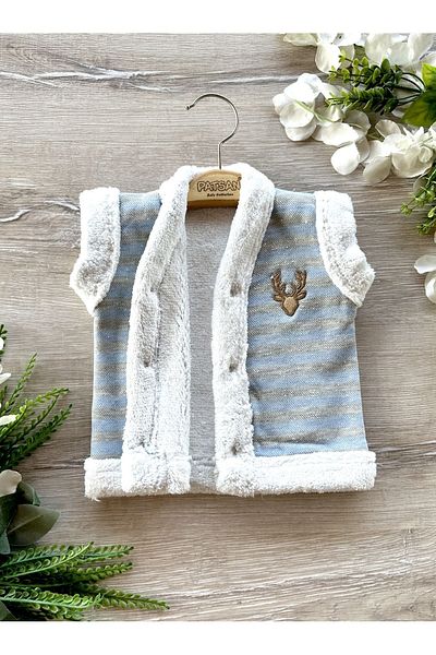 PATSAN Wellsoft Winter Baby Vest with Plush Inside and Deer Embroidery Blue Stripes