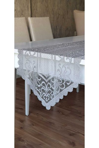 WENESSİ Ottoman Pattern Knitted Tulle Runner Cover 40x140 (GRAY)
