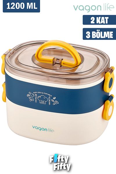 Vagonlife 1200ml Two Layers Three Sections Stainless Steel Lunch Box New Generation Expedition Tas-Spoon