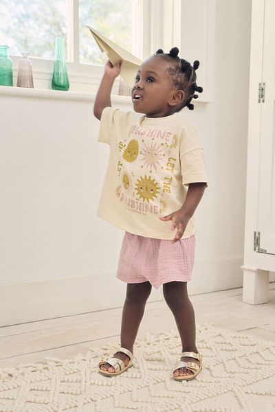Next Baby 100% Cotton Lilac Purple Sun Patterned Thisrt Muslin Shorts Top and Bottom Set