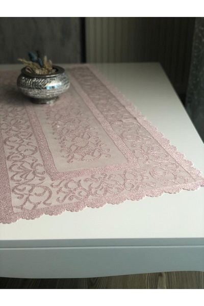 WENESSİ Ottoman Patterned Short Runner Knitted Tulle Cover - 40x90 (PUDRA)