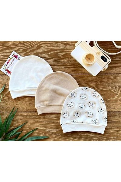 Renkli Puset 3-Piece Organic Cotton Combed Baby Hat Beanie Set Lion