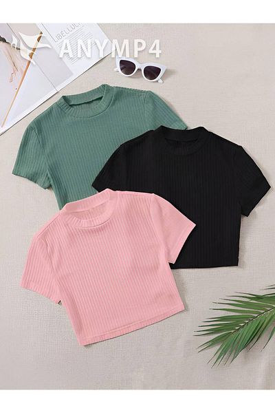 ÖZ PAMUK Tricou crop pentru femei cu cordon negru - tricotat din bumbac din 3 piese