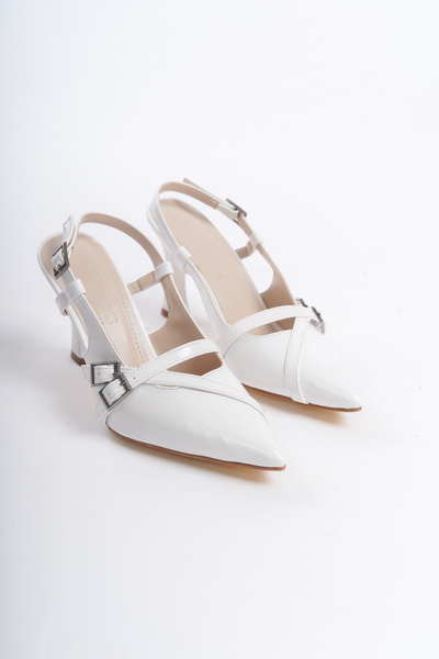 eformoda by emre yılmaz White Women's Pointed Toe Belt Buckle Detailed Comfortable Classic Heeled Shoes Heel 7 cm ZR01