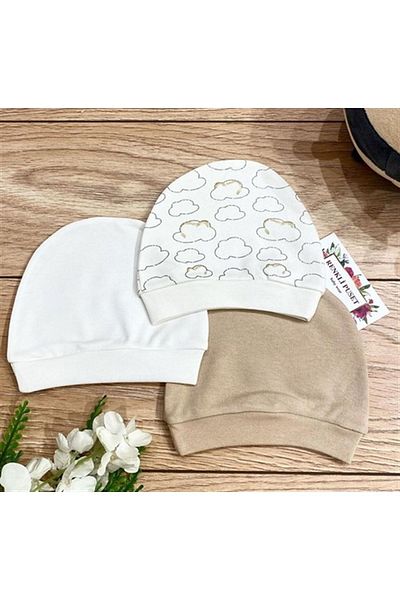 Renkli Puset Organic Cotton 3-Piece Combed Cotton Baby Hat Beanie Set Bulut