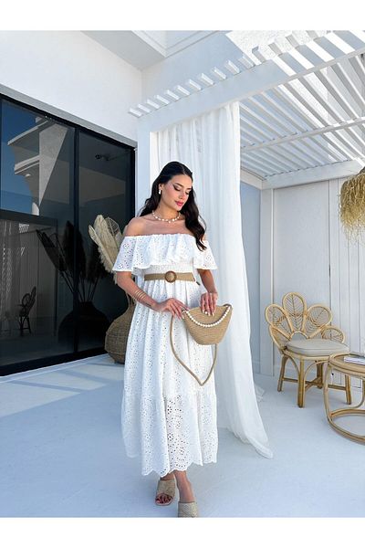 ESRAHELVACI White Scalloped Straw Belt Dress