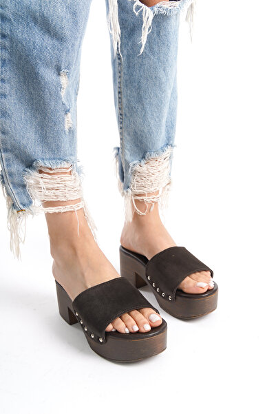 DaphneSandals Дамски велурени кафяви чехли на ток - естествена кожа TK04