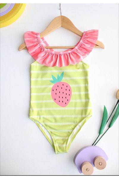 MY KİDS Strawberry Patterned Frilly UV Protection Swimsuit for Girls