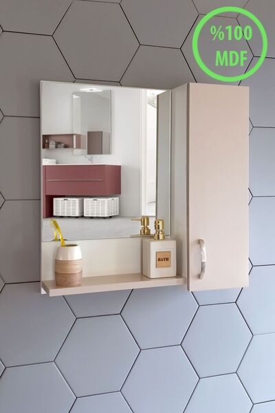 Nurcelant Aynalı Raflı Banyo Dolabı 65 Cm Üst Modül Açık Pudra-beyaz