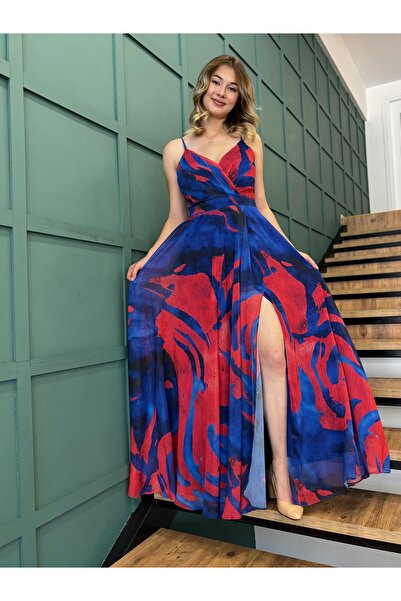 Dans Batik Desenli Uzun ,Askılı,Kruvaze Yaka ,Şifon Abiye Elbise