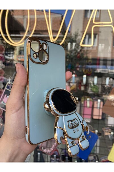OVADA iPhone 13/14 Uyumlu Kamera Korumalı Astronot Detay PopSocketli Kenarları Gold Premium Silikon Kılıf