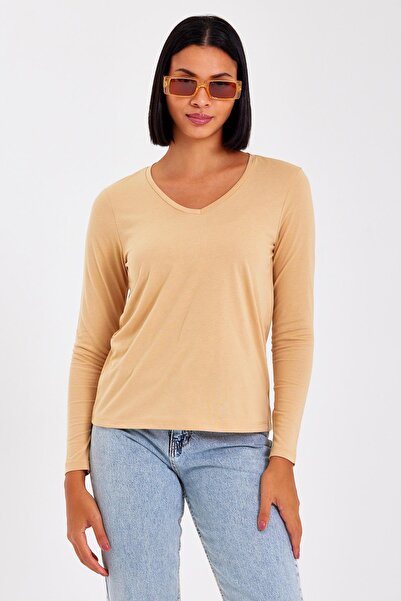 LİVE SPORT Bluză de damă tricotată din bumbac basic cu decolteu în V - mânecă lungă, bej-gri
