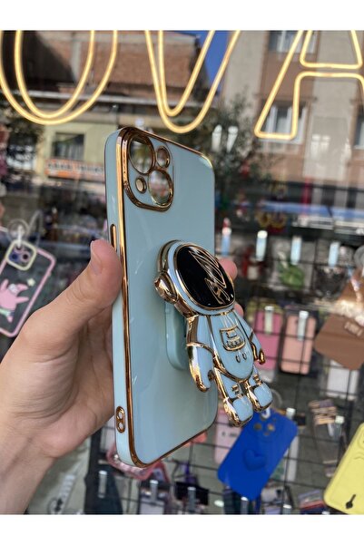 OVADA iPhone 13/14 Uyumlu Kamera Korumalı Astronot Detay PopSocketli Kenarları Gold Premium Silikon Kılıf