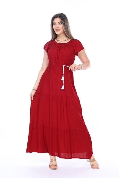 mervemoda Rochie de vară cu mâneci scurte lungi și țesute de culoare uni pentru femei