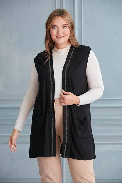 Butik Ayseba Women's Black Interlock Fabric Large Size Mother Vest with Jewelled Pockets