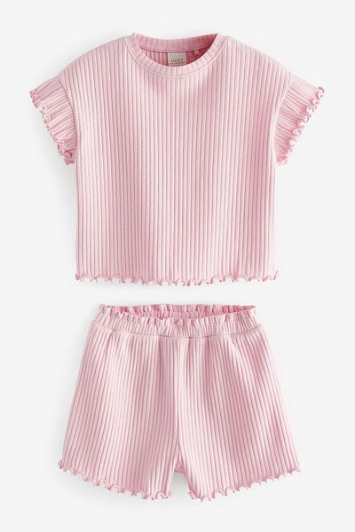 Next Baby Cotton Pink Ribbed Shorts Top and Bottom Set
