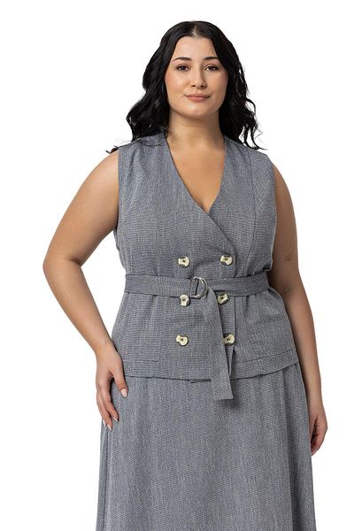 DISENTIS MODEST Linen Double-breasted Vest and Skirt - Black Two-Piece Set, Plus Size