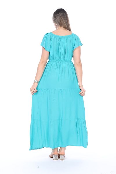 mervemoda Rochie de vară cu mâneci scurte lungi și țesute de culoare uni pentru femei