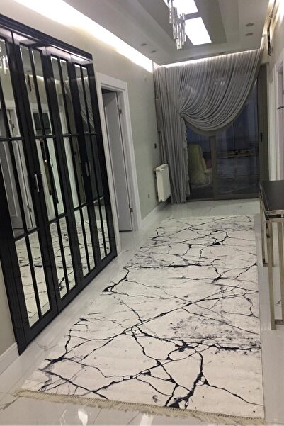 VOPTEKS Beyaz Siyah Yolluk Koridor Halısı Makinede Yıkanabilir Kaymaz Taban Y...