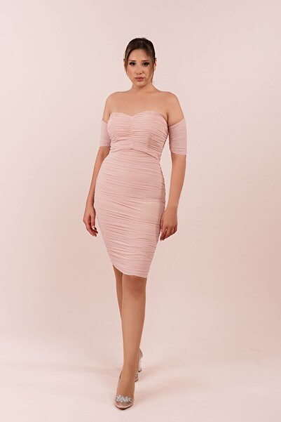 Carmen Tül Büzgülü Midi Boy Elbise (crm-55909)