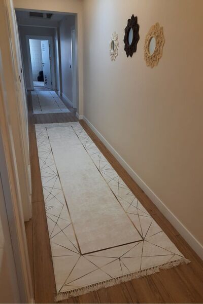 VOPTEKS Beyaz Kahve Yolluk Koridor Halısı Makinede Yıkanabilir Kaymaz Taban Y...