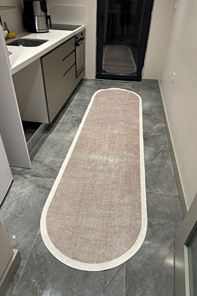 VOPTEKS Oval Vizon Beyaz Halı Mutfak Halısı Leke Tutmaz Makinede Yıkanabilir Kaymaz Taban Halı