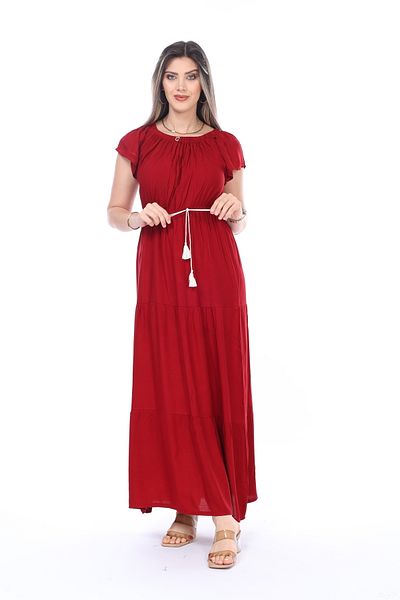 mervemoda Rochie de vară cu mâneci scurte lungi și țesute de culoare uni pentru femei