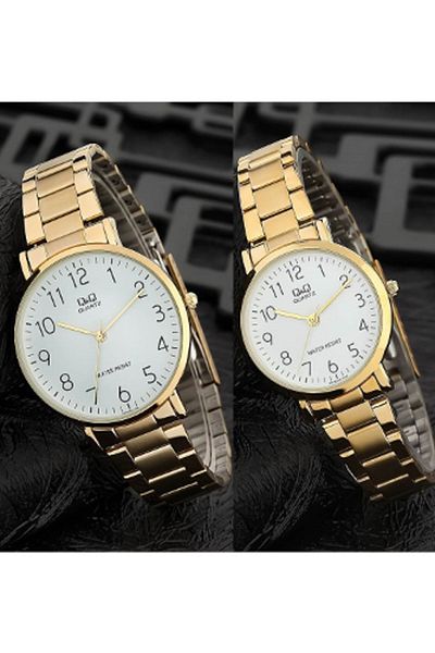 Q&Q Metal Dear Couple Wristwatches with Gold and White Numbers