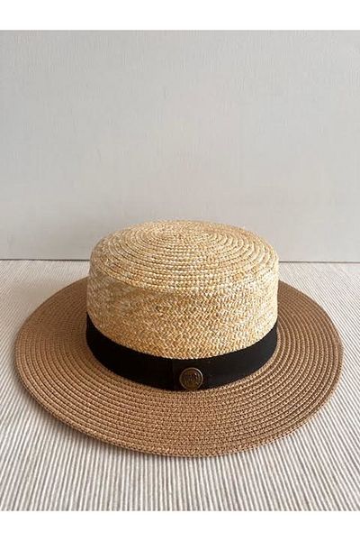 CosmoOutlet Camel Colored Natural Straw Detailed Adjustable Beach Gondola Hat