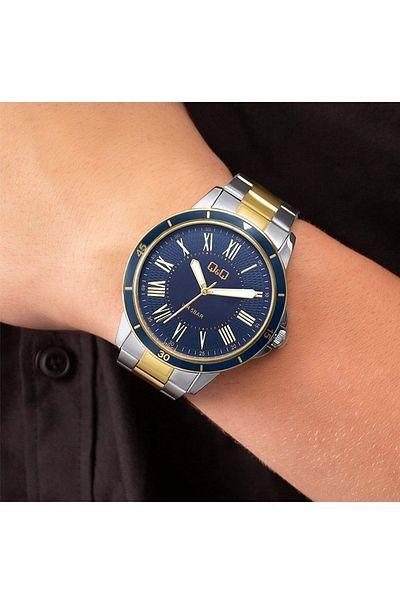 Q&Q Gold Navy Blue Roman Numeral Men's Wristwatch