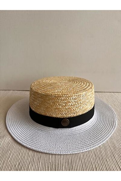 CosmoOutlet White Colored Natural Straw Detailed Beach Gondola Hat - Adjustable Inside