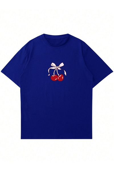 Mad&Calf Women's Cherry Printed Crew Neck Oversize T-Shirt